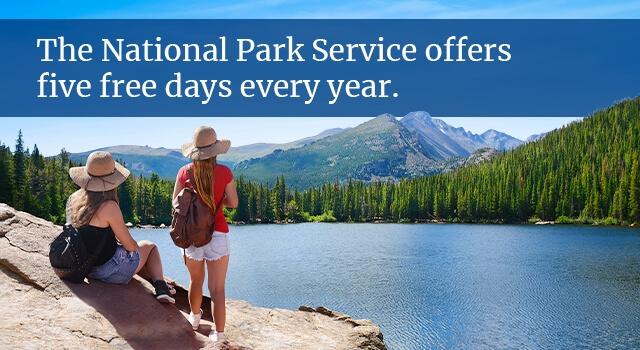 Photo of park visitors sitting by lake. The national park service offers five free days every year.