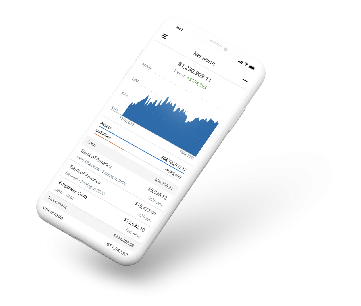 Net worth dashboard shown on a mobile device