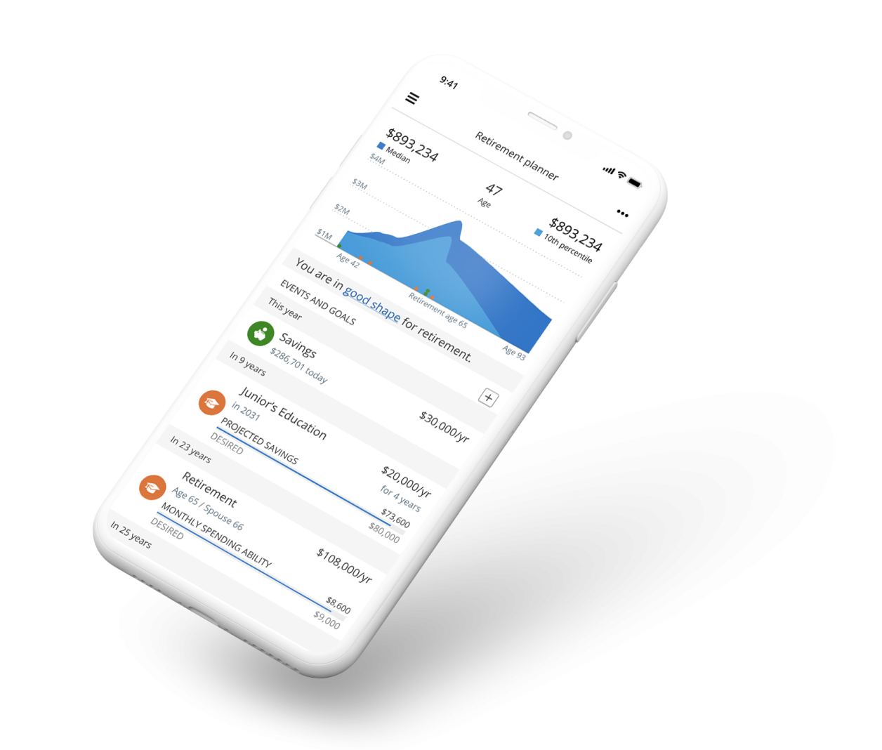 Retirement planner dashboard shown on a mobile device